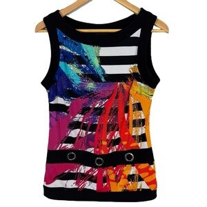 Frank Lyman Striped Sleeveless Top Sz 8 Colourful Abstract Bright Bold Stretch